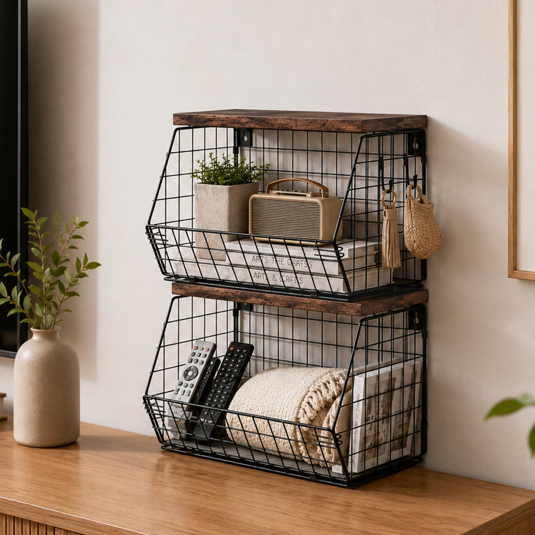 Toque Fruit Snack Storage Basket 2PCS Stackable Wall Mounted Kitchen Wood Lid-2072893579830890502