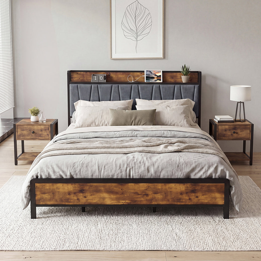 Levede King Bed Frame Industrial Tufted Soft Storage Headboard USB Charge-2100034936470900742