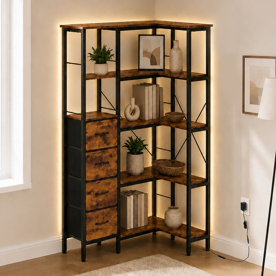 Levede Corner Bookshelf with 4 Fabric Drawers & LED Light 5 Tier Bedroom Rustic-2109799588741976071