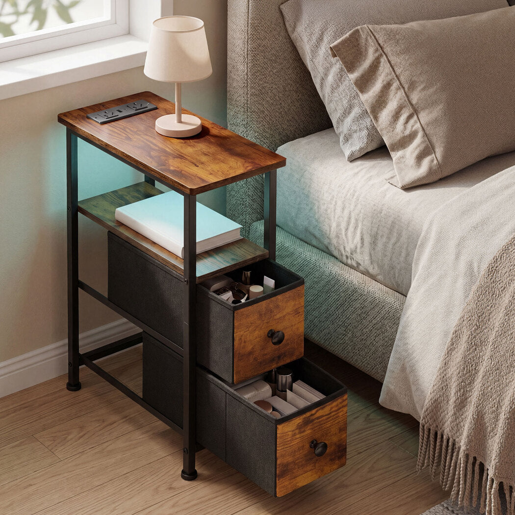 Levede Bedside Table Narrow Side Table with LED Charging Station Brown-2100034980666281990