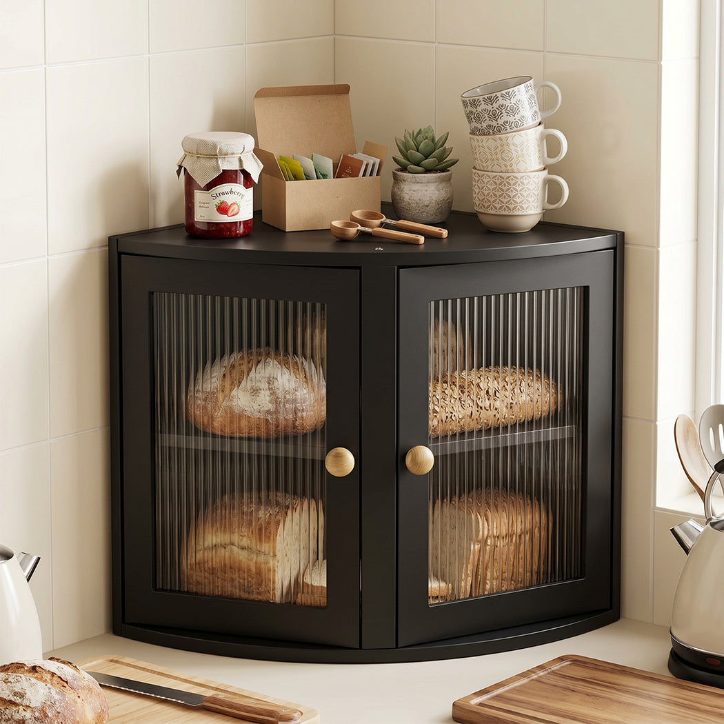Toque Corner Bread Box 2 Tier Bamboo Bread Bin Kitchen Countertop Storage Black-2072893581982568454