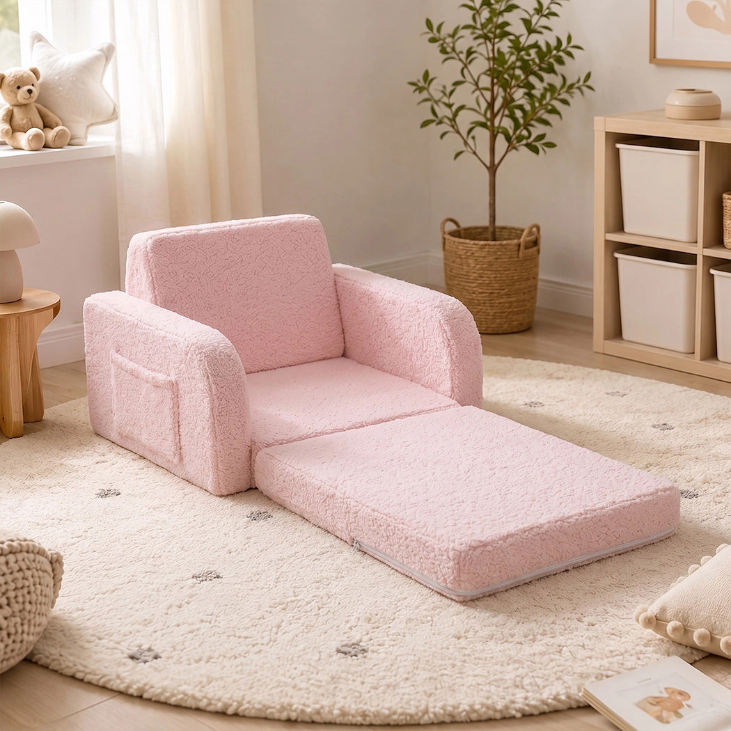 BoPeep Kids Sofa Fold Out Couch 3 In 1 Teddy Fleece Convertible Chair Pink-2109799595553525767