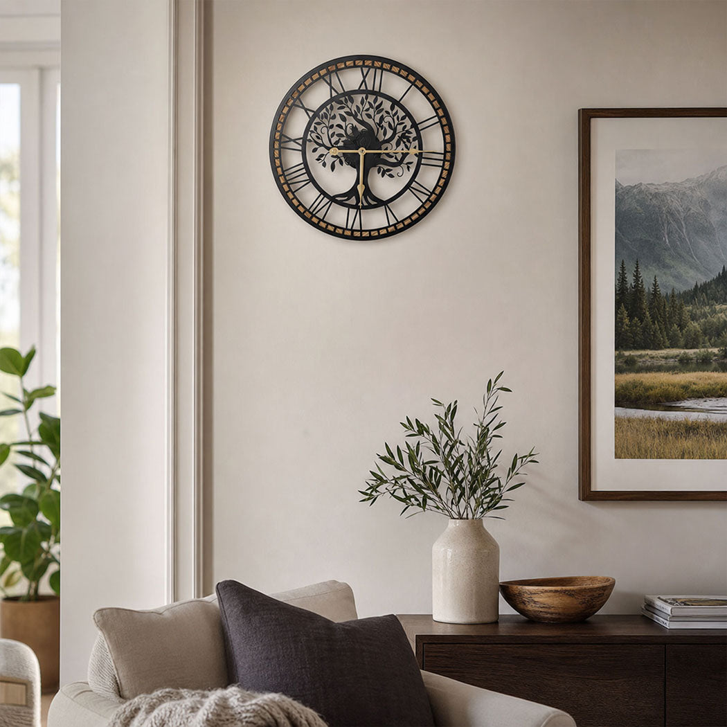 Yezi Wall Clock 40cm Vintage Tree Design Silent Quartz Iron Wood Black-2100034941327904774