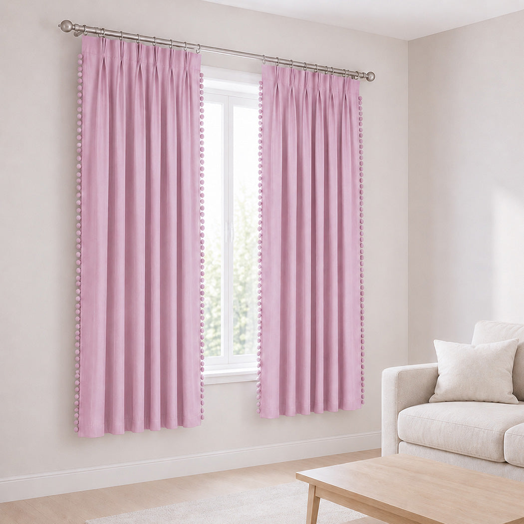 Marlow Blackout Curtains Pink 2 Panels Thermal Insulated Pom Pom 132cm x 213cm-2072893564165165062