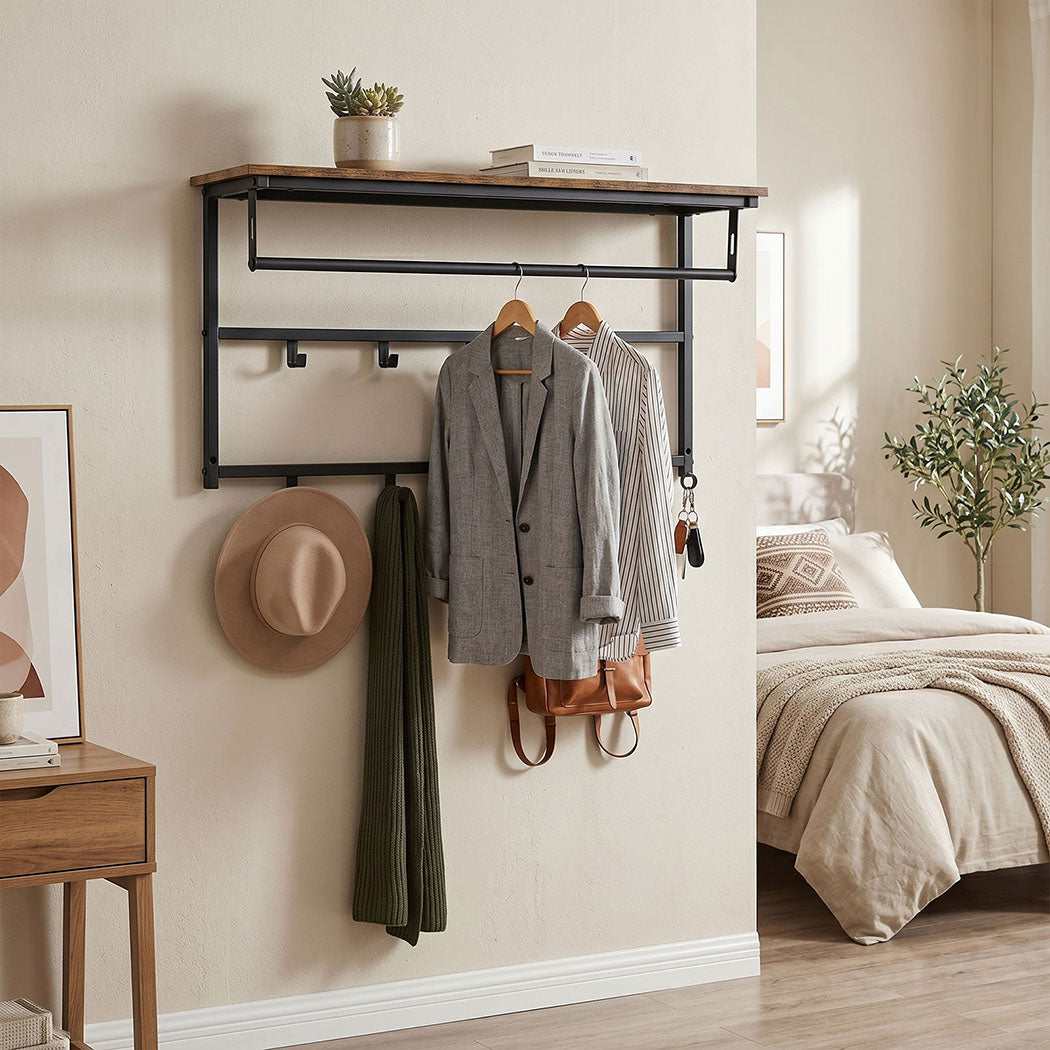 Levede Floating Shelves 10kg Wall Shelf Hooks Coat Rack Metal Wood Black-2100034943223730182