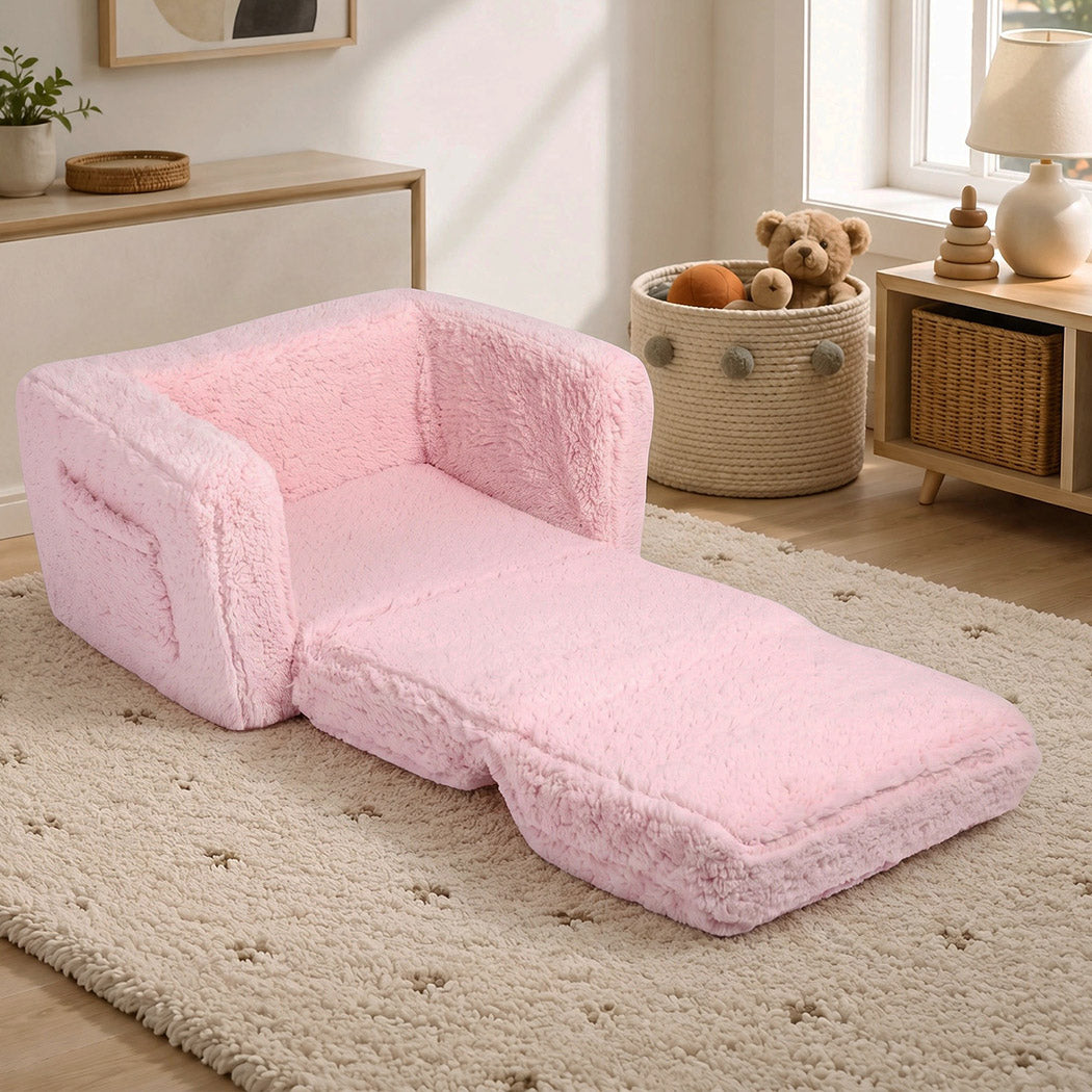 BoPeep Kids Sofa Fold Out Couch 2 In 1 Plush Toddler Lounger for Playroom Pink-2109799595356393479