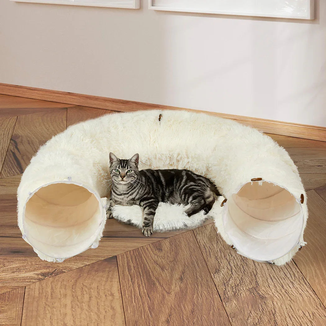 Pawz Cat Tunnel Foldable Fluffy Plush Play Tube Beige-2006732904268435463