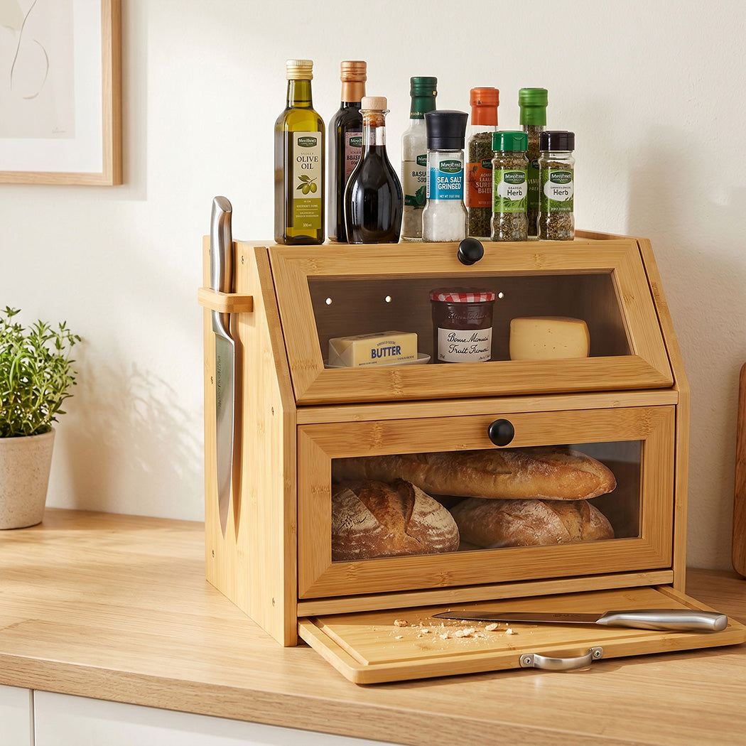 Toque Bread Box Bread Bin Double Layer Bamboo Bread Storage with Window Natural-2072893581403754502