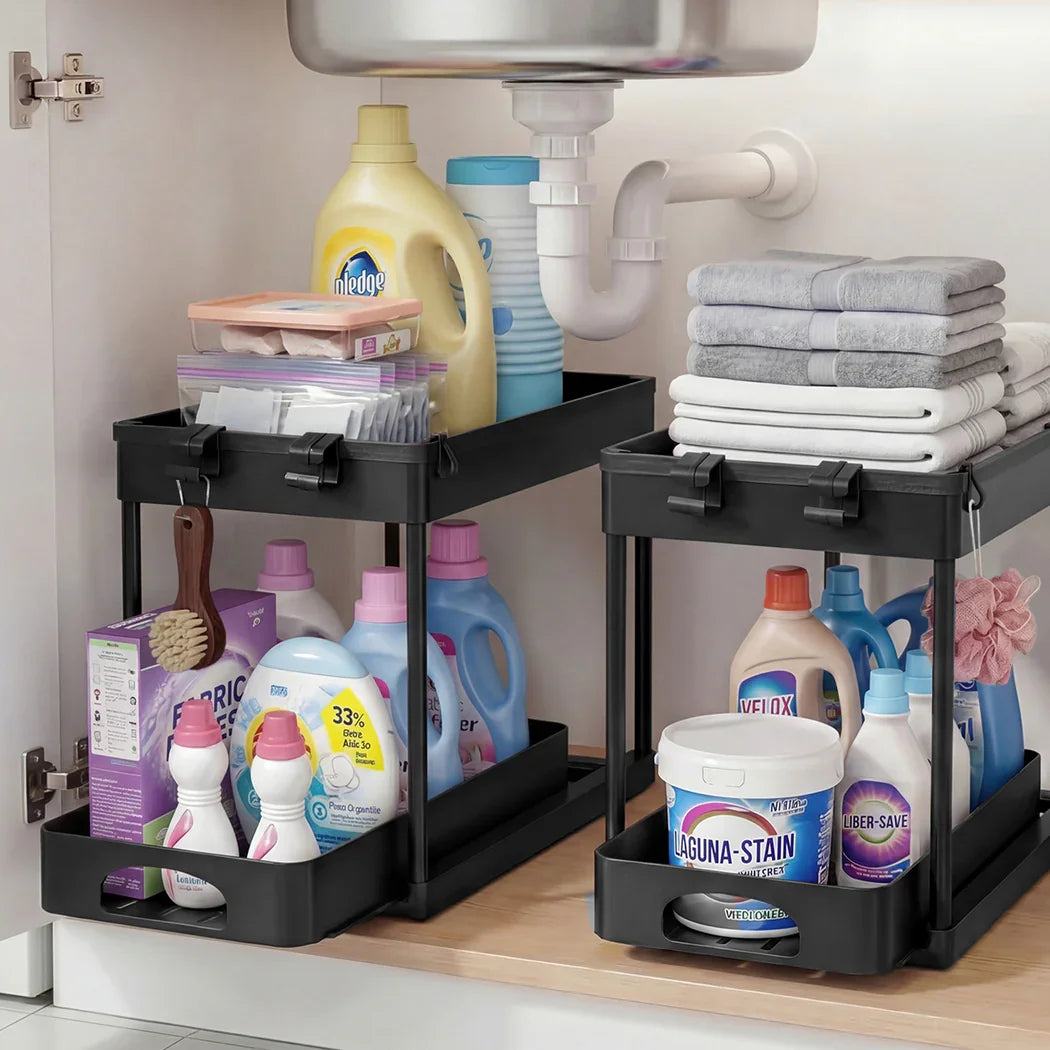 Toque 2 x Under Sink Organizer 2 Tiers Storage Sliding Drainage Kitchen Bathroom-2050056777474641926