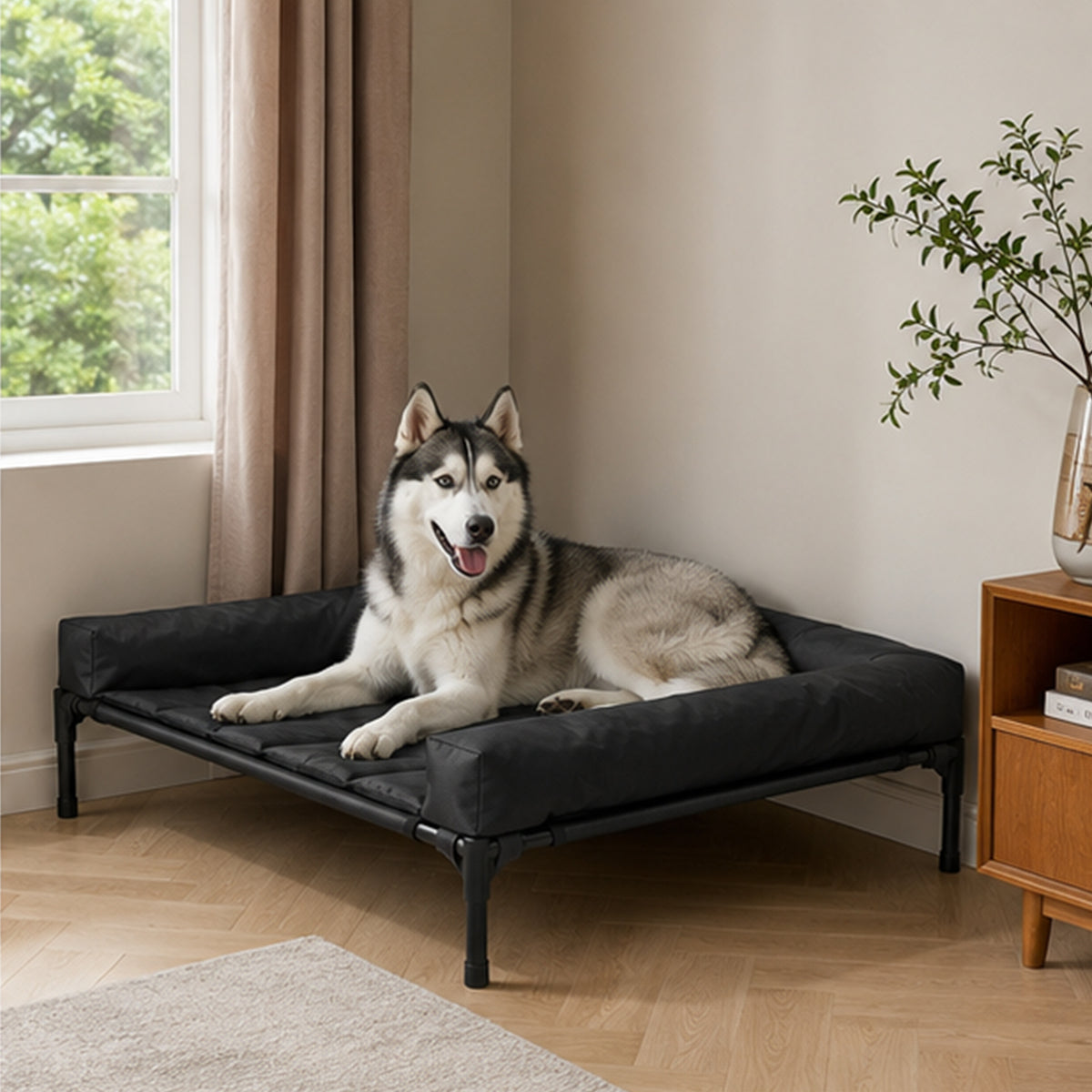 Pawz Elevated Dog Bed Large Breathable Three Sided Bolster for Outdoor Black-2100034988761288710