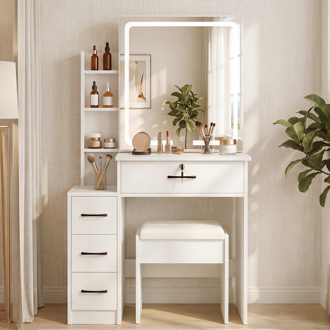 Levede Dressing Table Vanity Stool Set Sliding LED Mirror Makeup Storage Shelves White-2072893560474177542