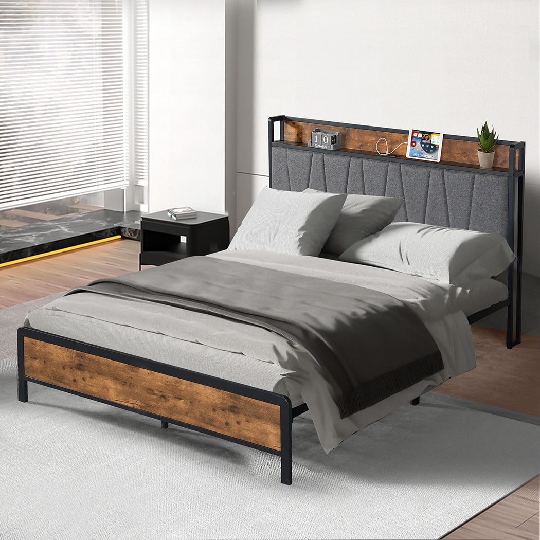 Levede Double Bed Frame Tufted Headboard USB Charge-1894516726993915910