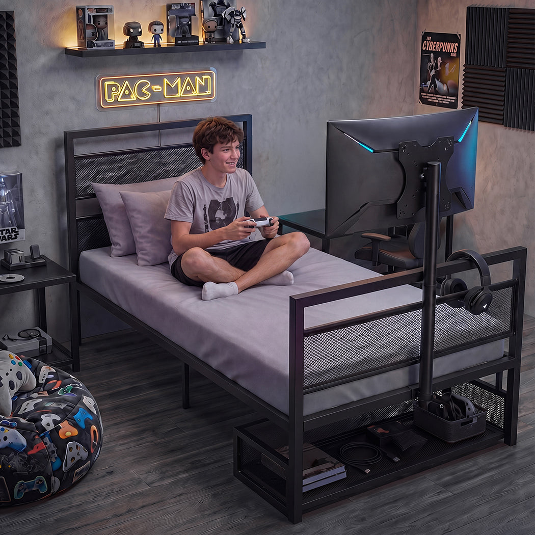 Levede Gaming Bed Frame Rotating TV Mount Storage Metal Single Bed 32in Bedroom-2072893552848932870