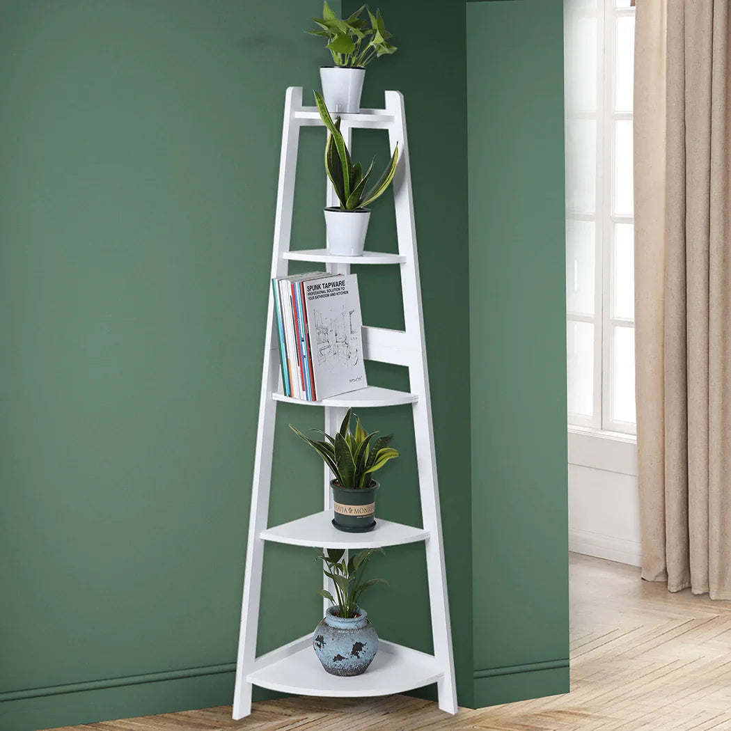 Levede 5 Tier Corner Shelf Wooden Storage White-2018816791236710407