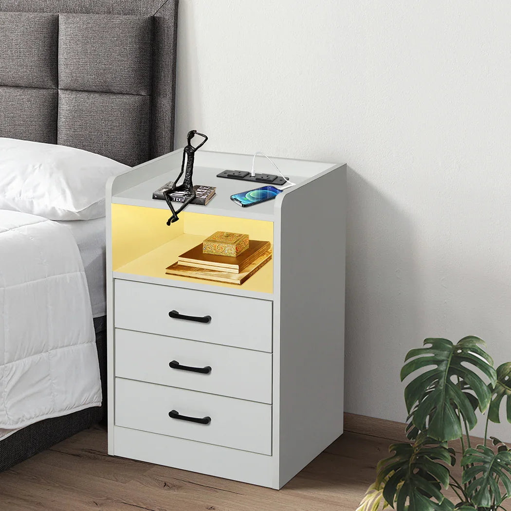 Levede Bedside Table USB Charger Outlet LED White-2029387251049435143
