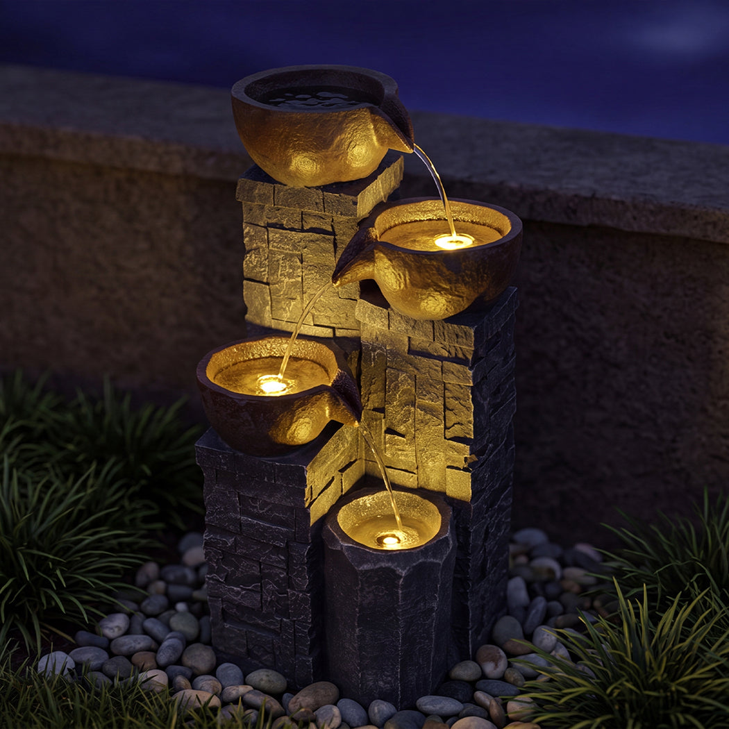 Levede Water Fountain Feature 4 Tier LED Resin Outdoor for Garden Patio Grey-2109799590683938823