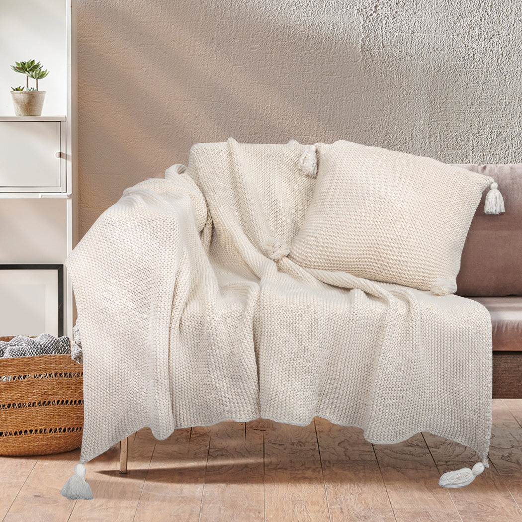 DreamZ Knitting Throw Blanket Cushion Beige-1864183212138434566
