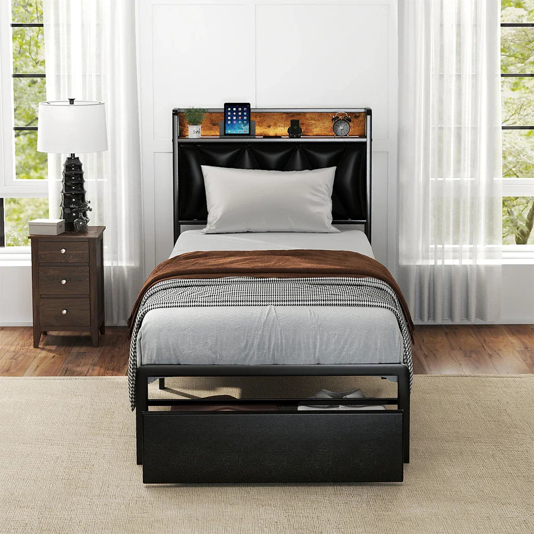 Levede Single Bed Frame Leather Headboard RGB 2 Drawers-2050056739788820486