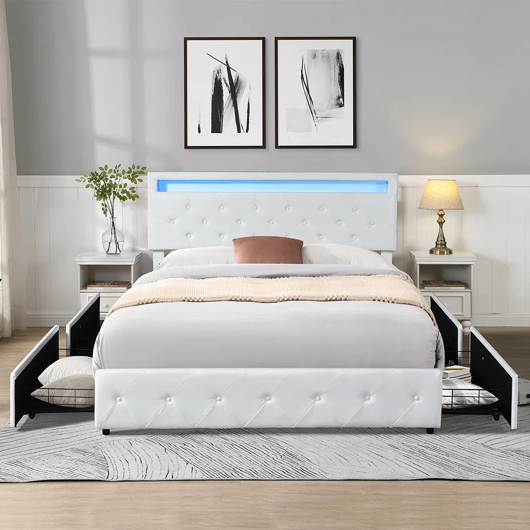 Levede Queen Bed Frame RGB LED PU 4 Drawer USB-2018816936401571846