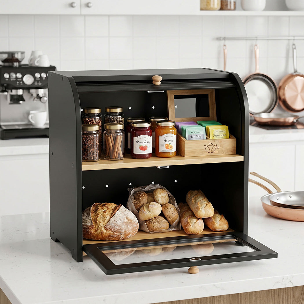 Toque Bread Bin Box 2 Tier Roll Top Bread Bin Kitchen Counter Storage Bamboo-2072893581600886790