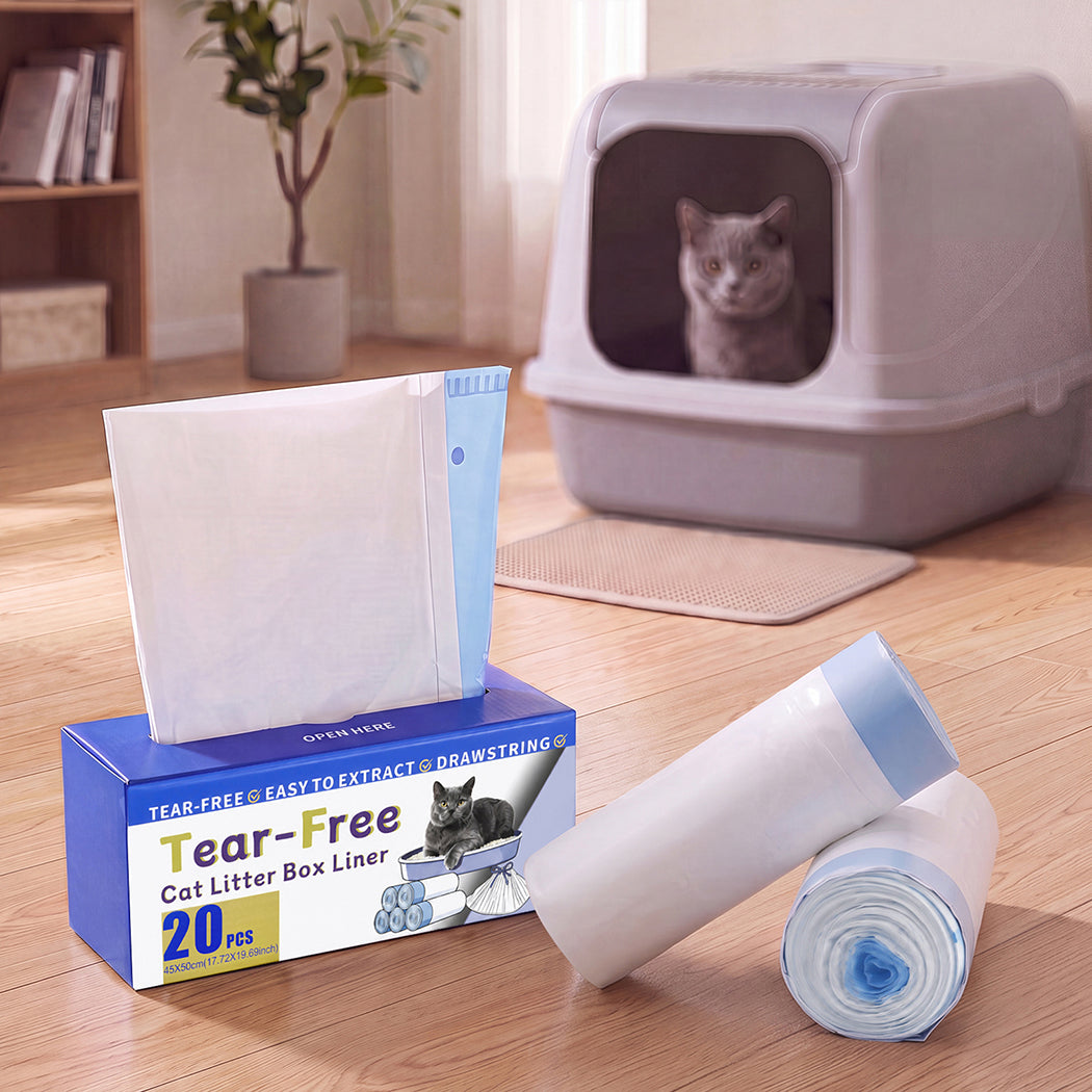 Pawz Cat Litter Bags 45 x 50cm 10kg 2Rolls 40ct Drawstring HDPE White Blue-2100034990476759046