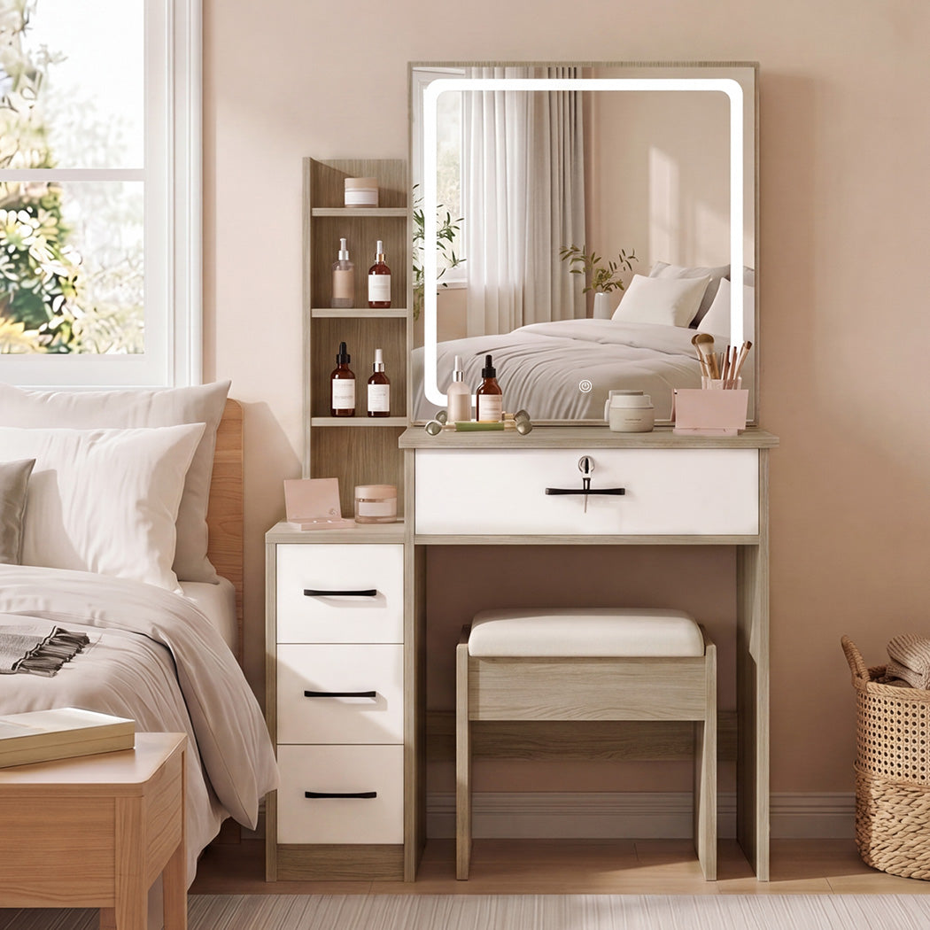 Levede Dressing Table Vanity Stool Set Sliding LED Mirror Makeup Storage Shelves Natural-2072893560272850950