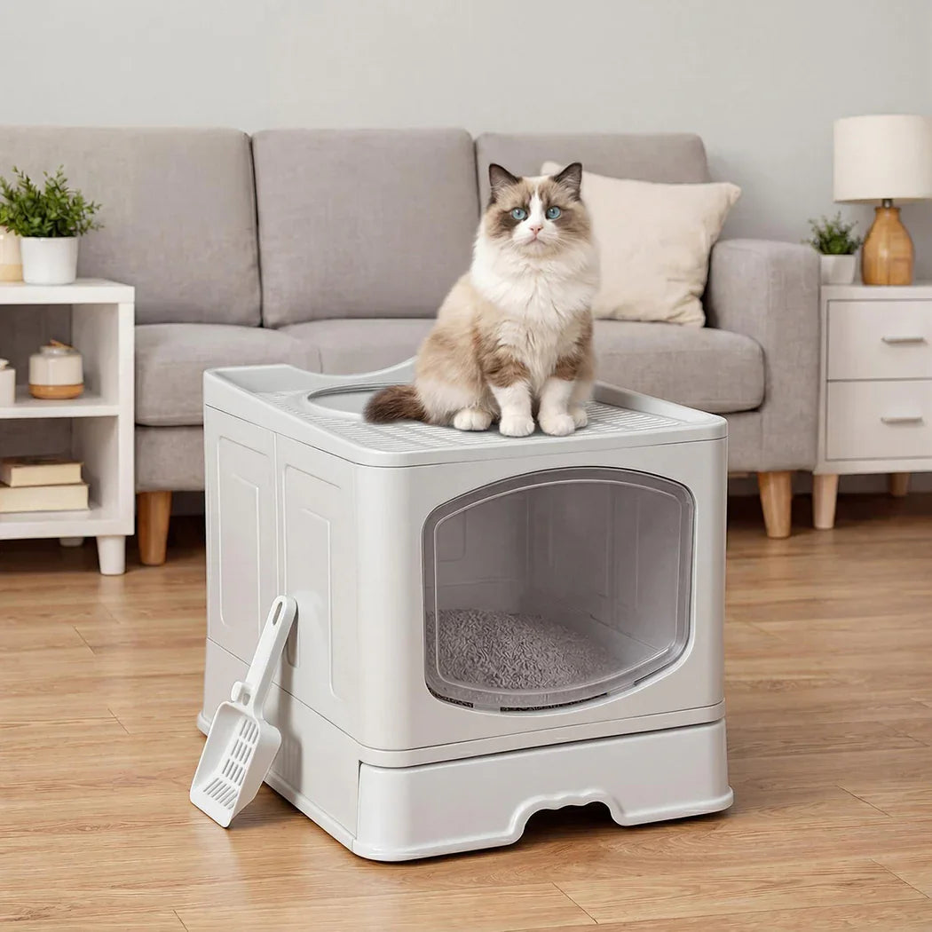 Pawz Large Cat Litter Box Foldable Top Entry Covered Litter Tray Scoop Grey-2050056785414459398