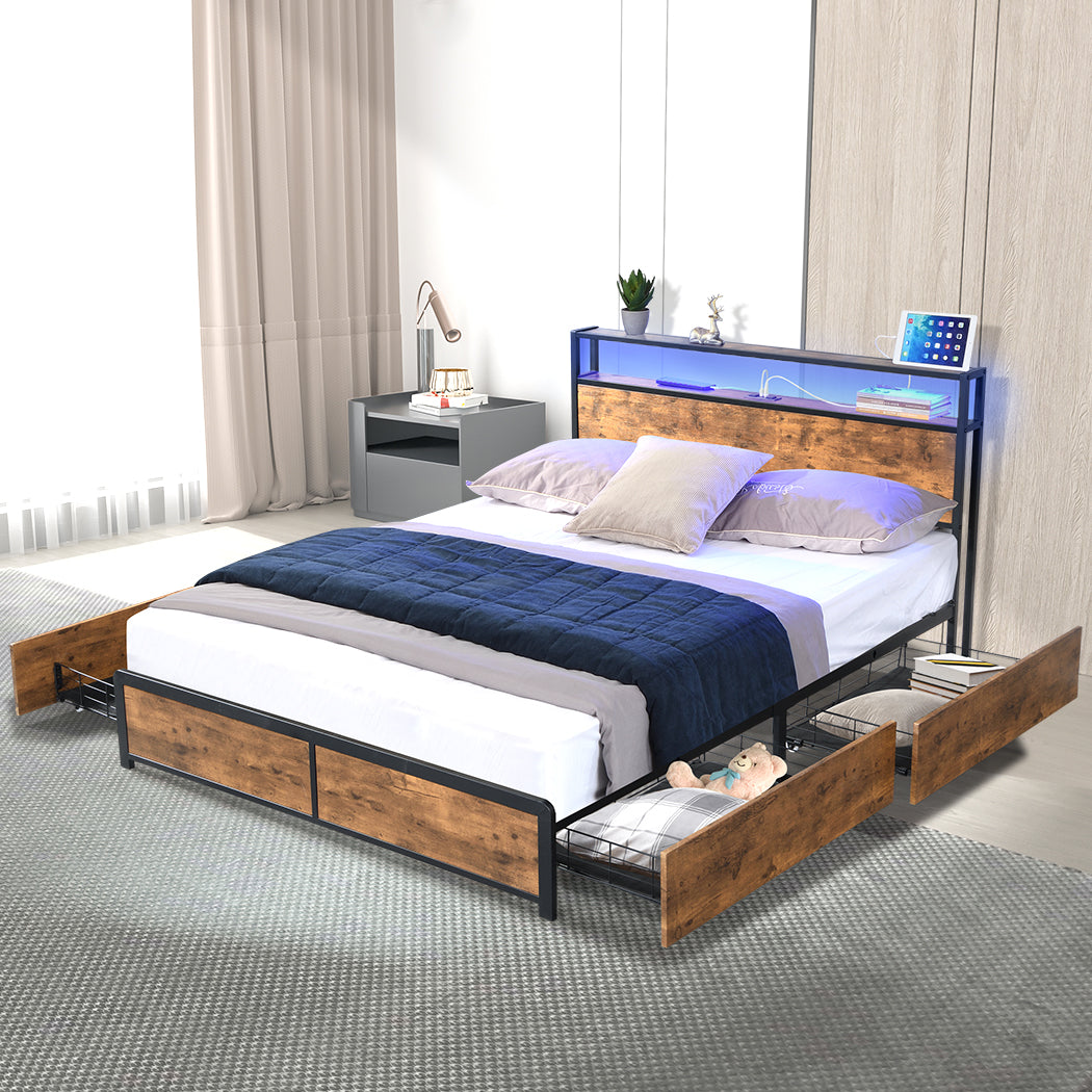 Levede Queen Bed Frame RGB LED 4 Drawers USB-1894516727170076678