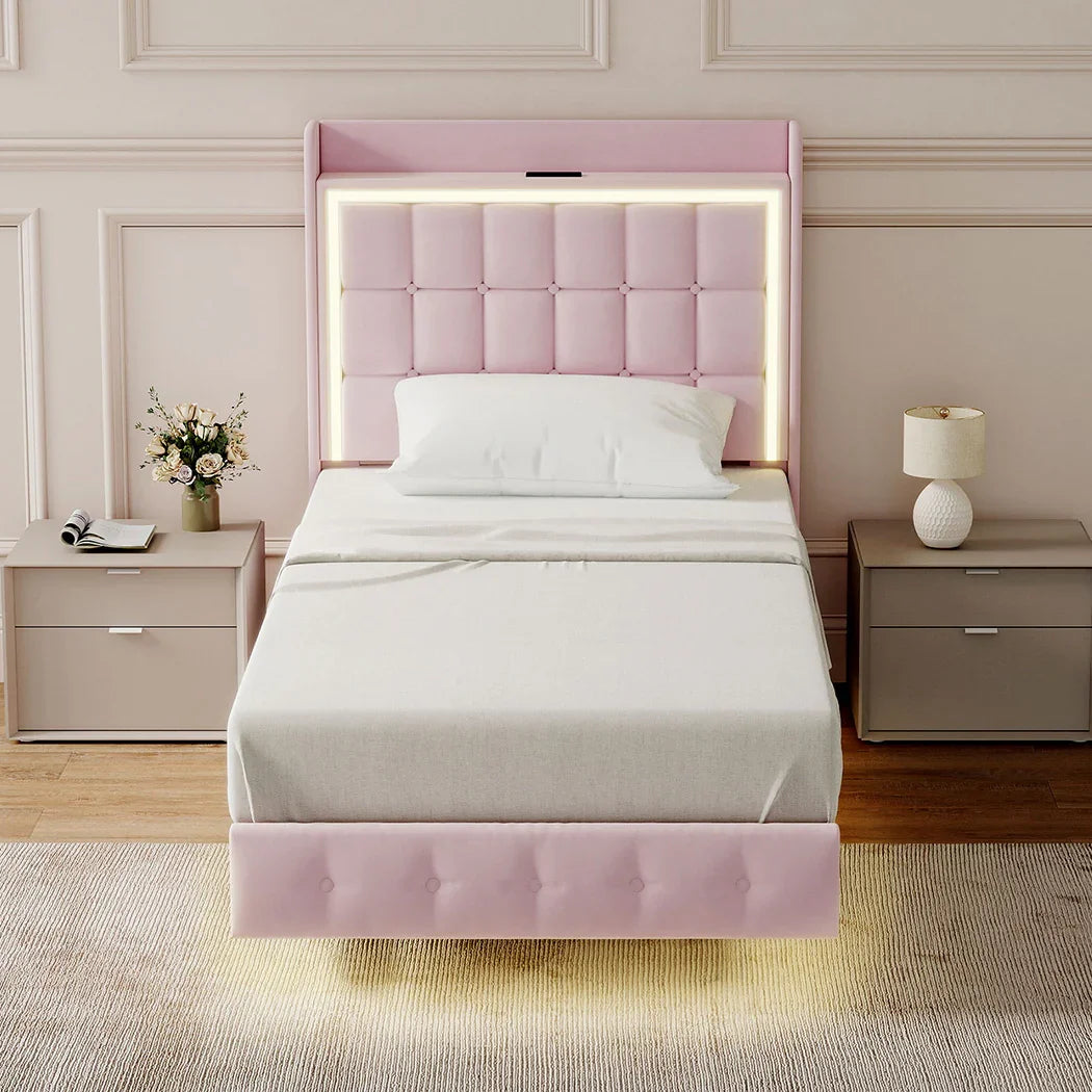 Levede Single Floating Bed Frame LED Headboard USB Pink-2050056739402944518