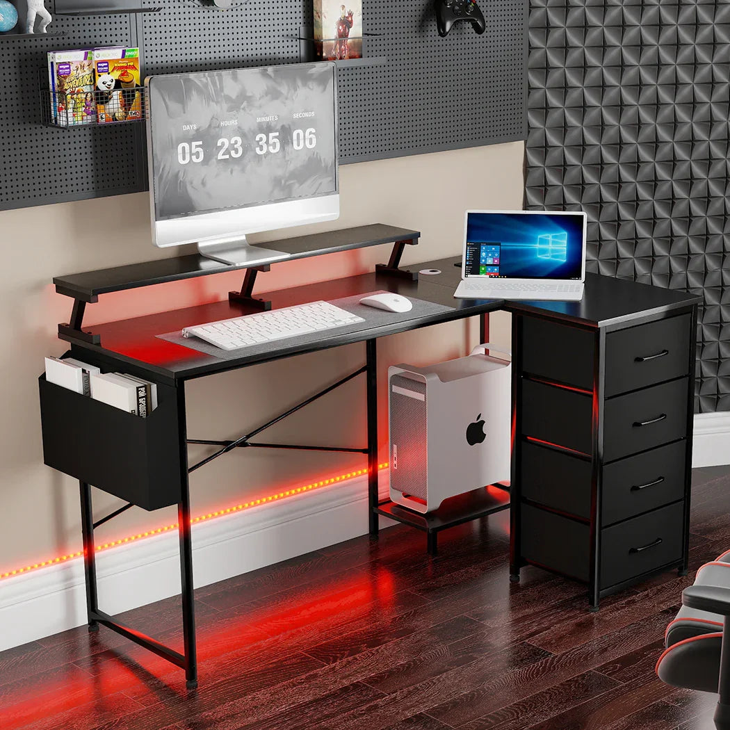 Levede L Shaped Gaming Desk with Storage Drawers Black-2050056895582048262