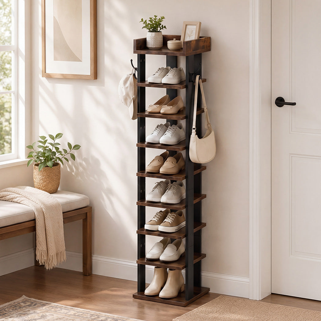 Levede Narrow Shoe Rack Vertical 9-Tier Shoe Storage Organiser Shelf Side Hooks-2072893554740563974
