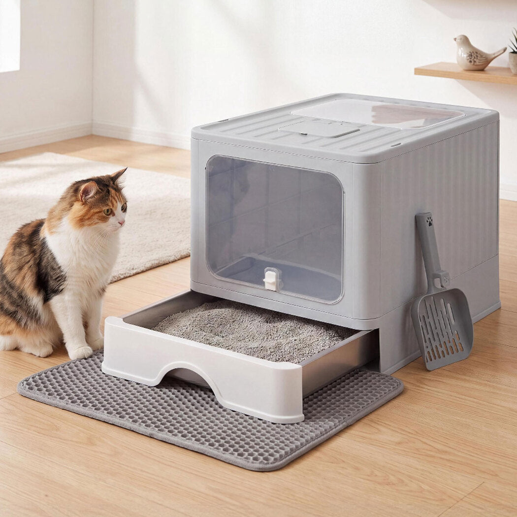 PaWz Cat Litter Box Stainless Steel Enclosed Drawer Odor Control Foldable Grey-2100034991202373638