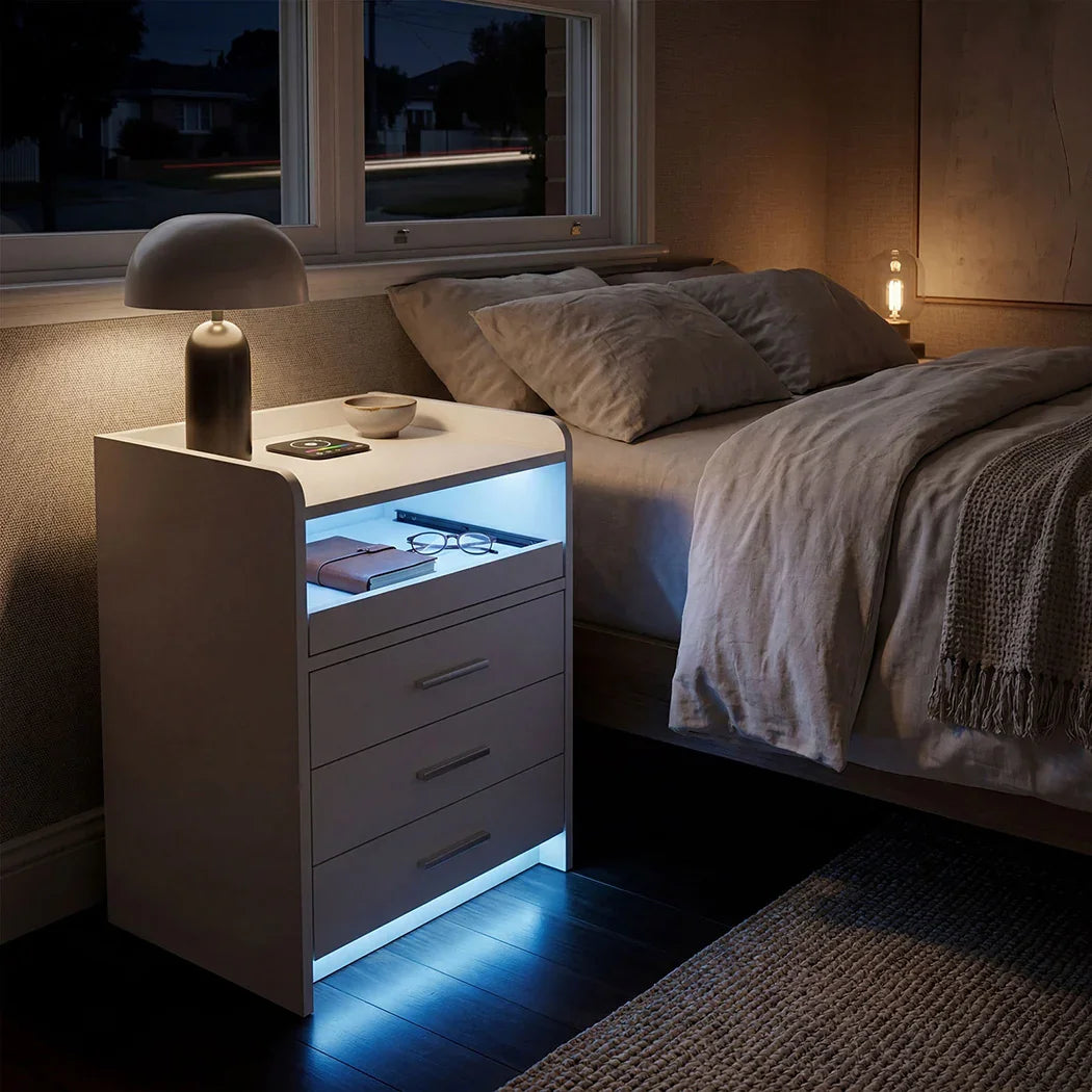 Levede Smart Bedside Table USB Wireless Charging Motion Sensor Light Nightstand-2050056780473569286