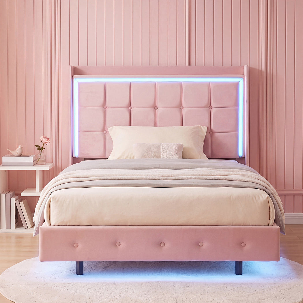 Levede King Single Floating Bed Frame With RGB LED Light Headboard USB Charge-2100034937645305863