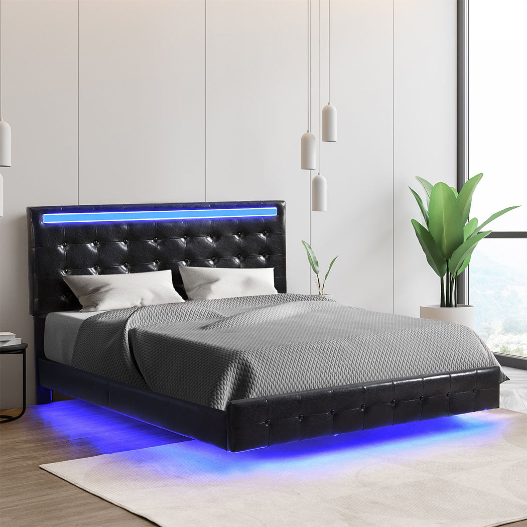 Levede  Floating Bed Frame Queen with Headboard LED Lights Mattress Base-1894516727518203910