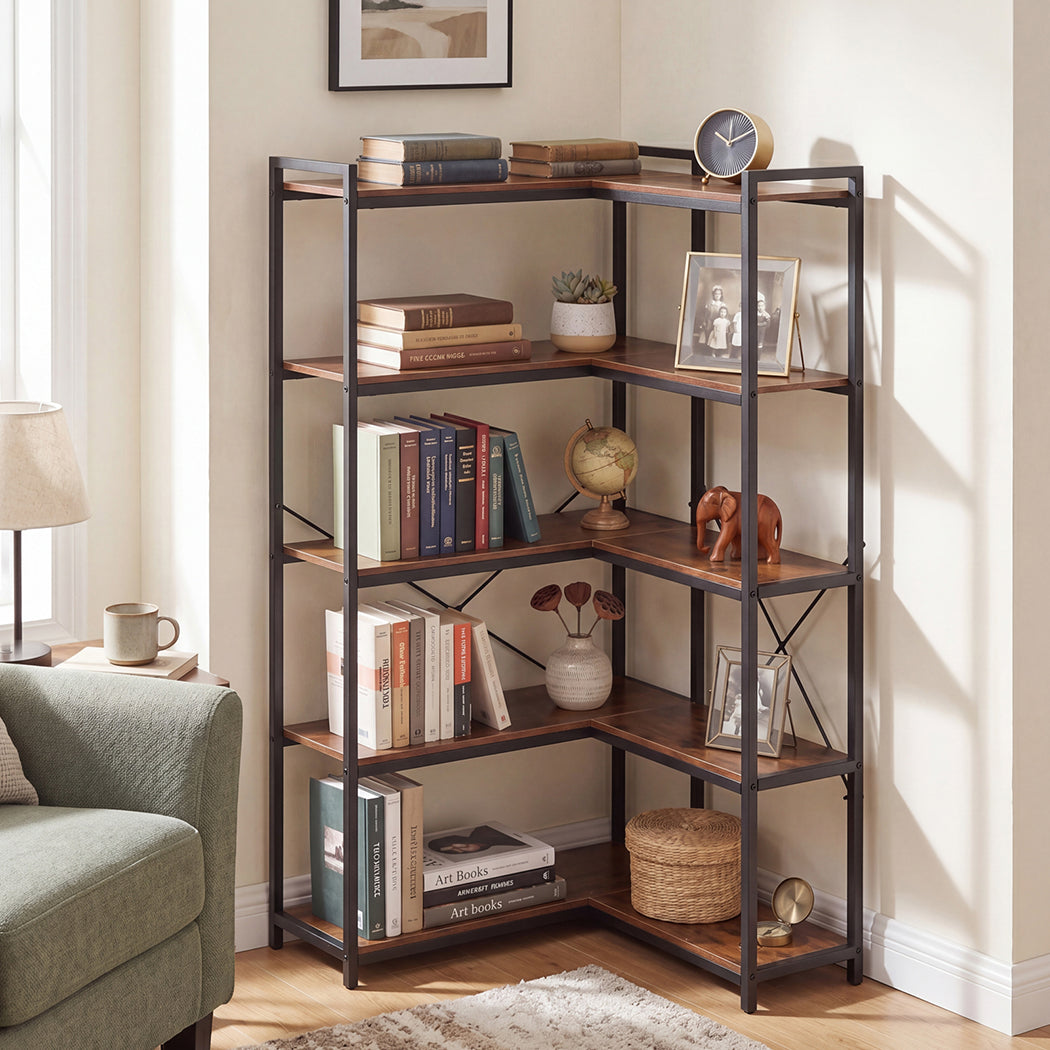 Levede Corner Bookshelf 5 Tier Bookcase L Shape Storage Shelf Display Rack Brown-2072893553419358214