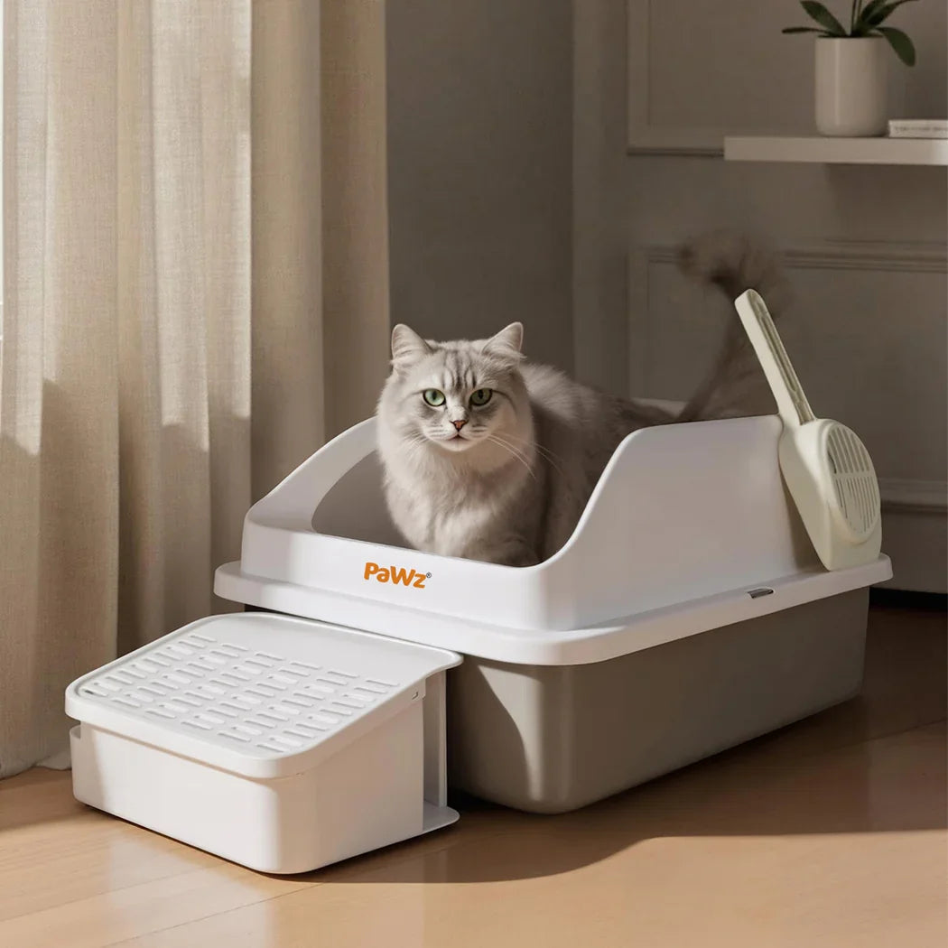 Pawz Stainless Steel Cat Litter Box Big Cats Kitten High Sided Easy Clean White-2050056766686892038