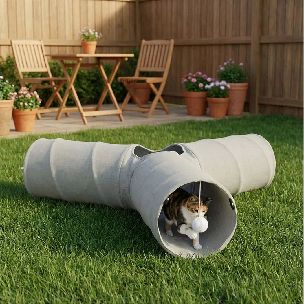 Pawz 3 Way Cat Tunnel Toy Interactive Foldable Tube Indoor Pet 2 Haning Balls-2050056765285994502