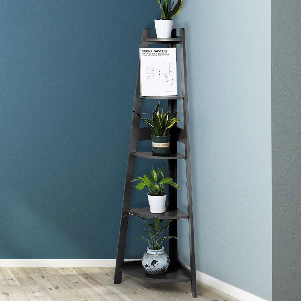 Levede 5 Tier Corner Shelf Wooden Storage Black-2006733234070753286