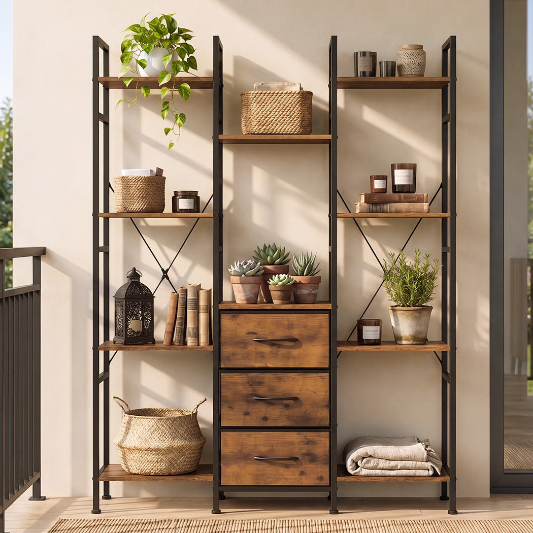 Levede Bookshelf 10 Open Cubes 3 Fabric Drawers Wood Black-2100034939570491398