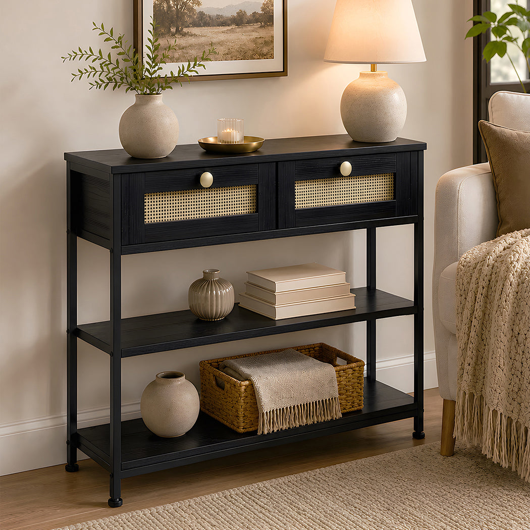 Levede Console Table with Drawers 3-Tier Slim Hallway Table 80cm Entryway Black-2109799589392093191