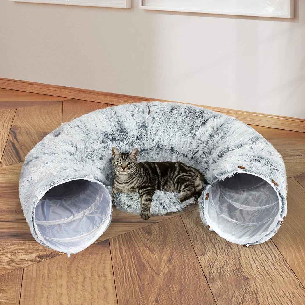 Pawz Cat Tunnel Foldable Fluffy Plush Play Tube Grey-2006732904436207623
