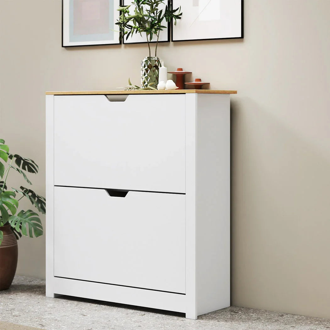 Levede Narrow Shoe Cabinet Organiser Storage Rack Flip-up Drawer 12 Pairs White-2050056773427138566