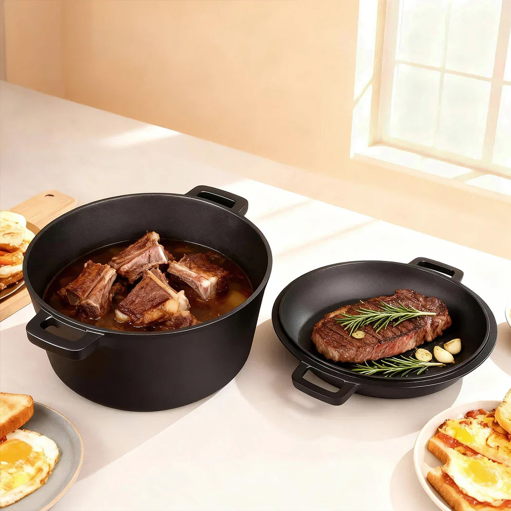 Toque 5.84L Double Dutch Oven 2 in 1 Cast Iron Pan-2050056750580764678