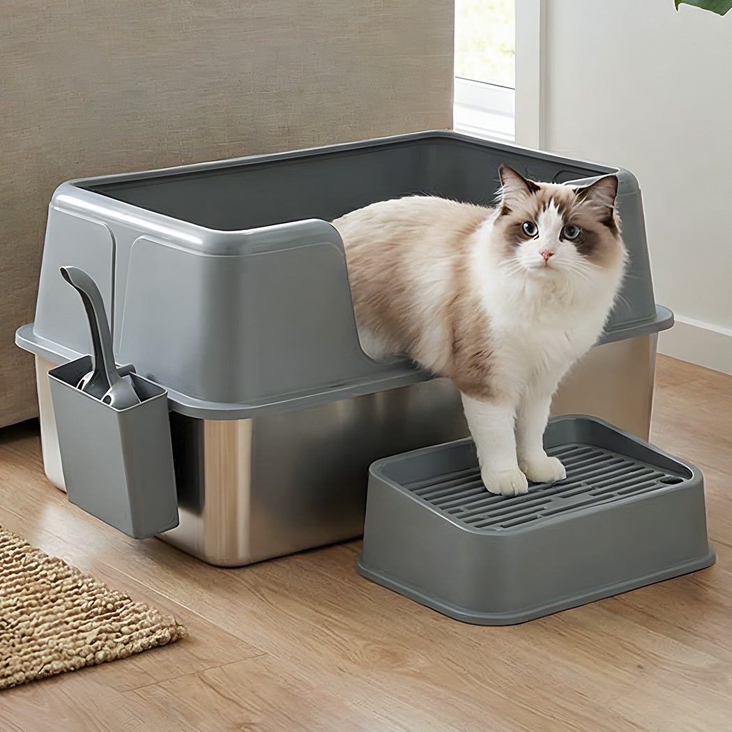 Pawz Stainless Steel Cat Litter Box Large Semi-Enclosed Easy Cleaning Pet Toilet-2050056767278288902