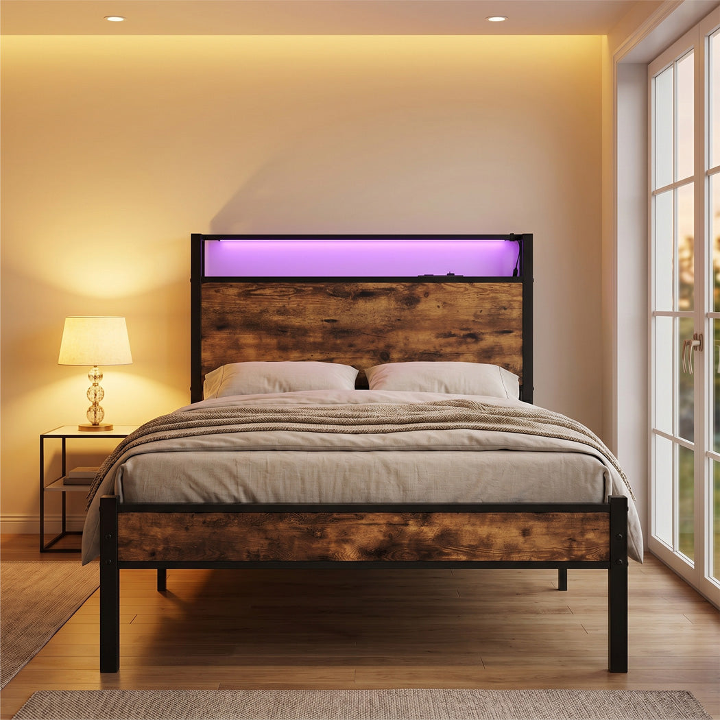 Levede Single Bed Frame LED Lights USB Charging Storage Headboard Metal Platform-2072893552618246150