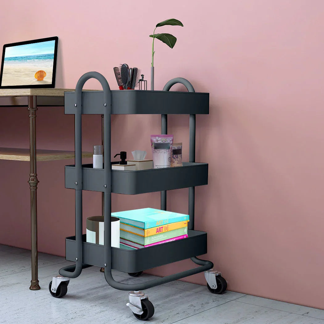 Levede 3 Tiers Kitchen Trolley Cart Grey-2018816738329759752