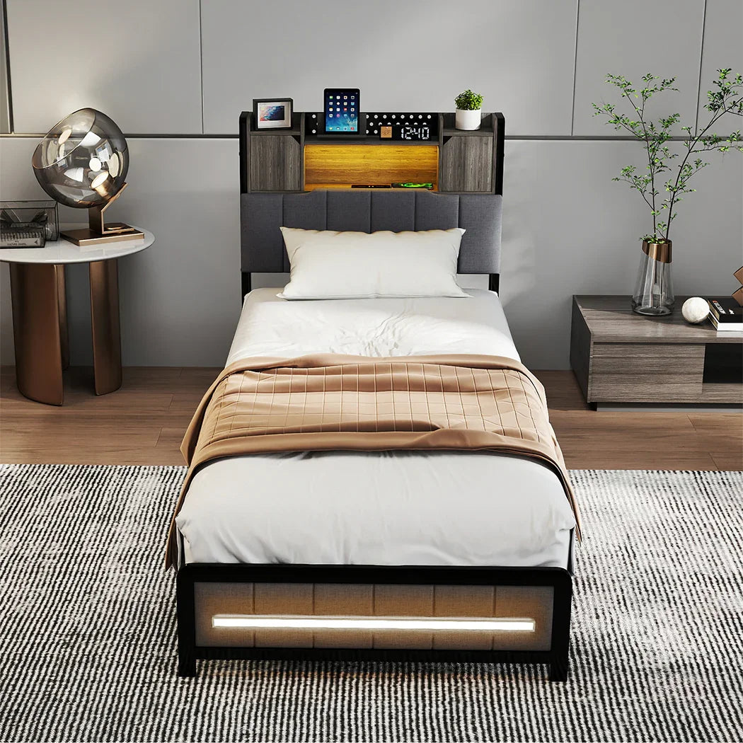 Levede Single Bed Frame with Storage Headboard RGB LED-2050056749460885510