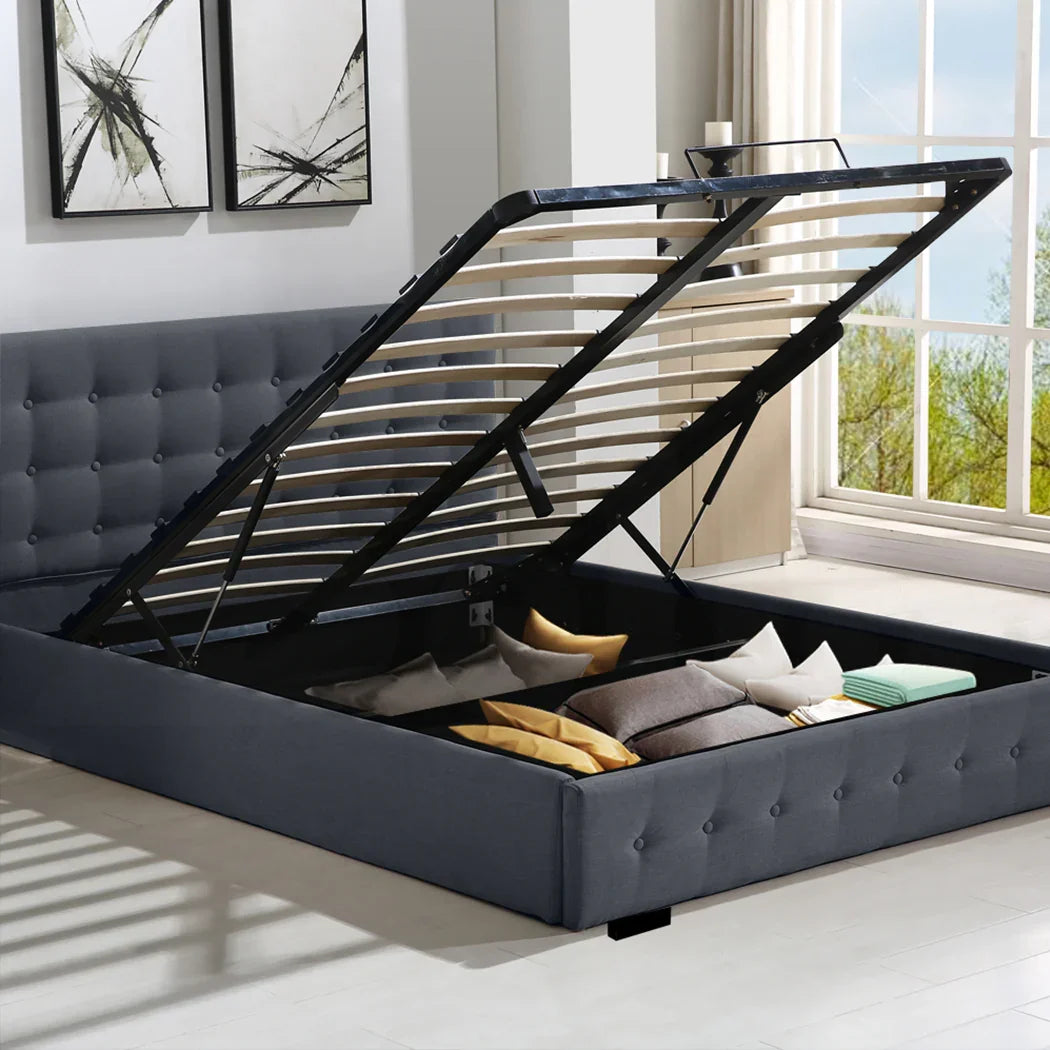 Levede Gas Lift Bed Frame Fabric Base Double Dark Grey-2006733222381228038