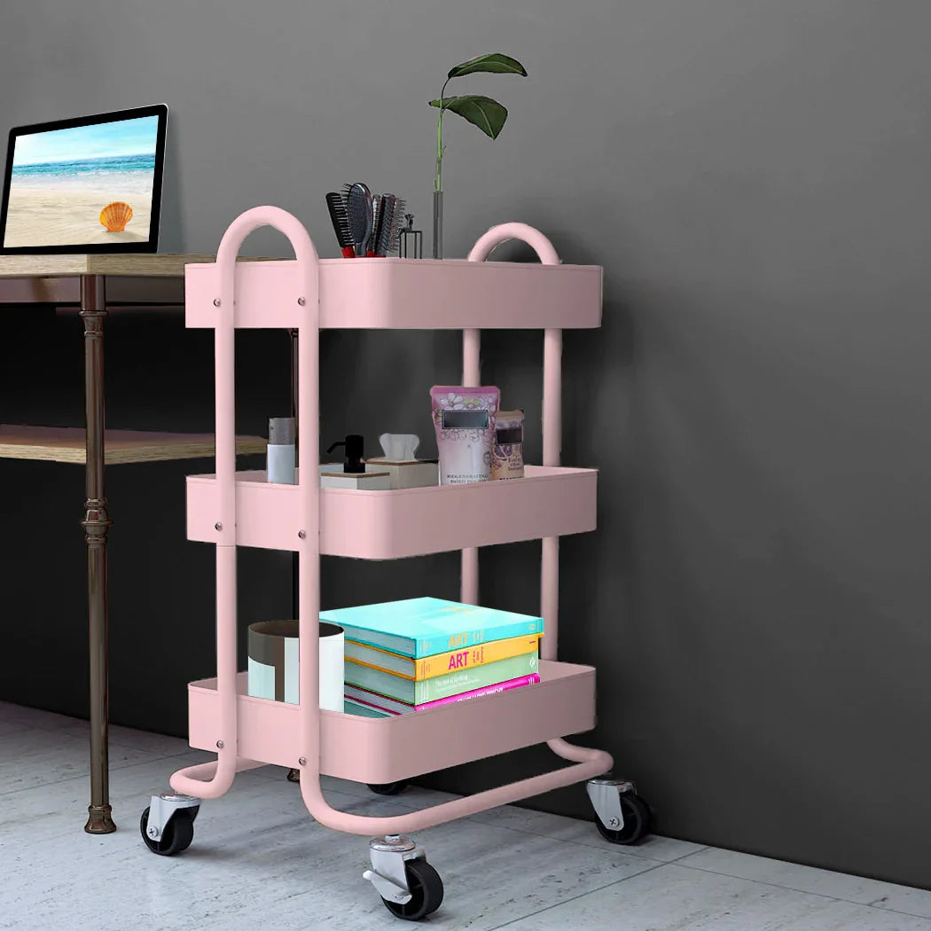 Levede 3 Tiers Kitchen Trolley Cart Pink-2018816727663644680
